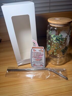 Glass Tumbler with Bamboo Lid - Green Botanical Print